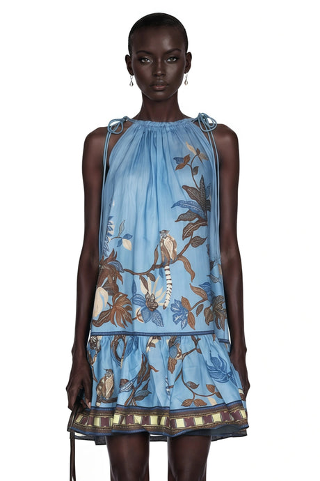 Ester Mini Dress Blue Tropical Bird Printed Ruched