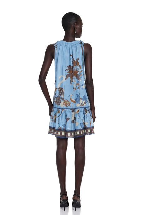 Ester Mini Dress Blue Tropical Bird Printed Ruched