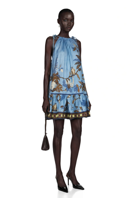 Ester Mini Dress Blue Tropical Bird Printed Ruched