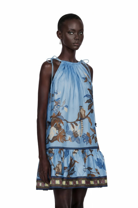 Ester Mini Dress Blue Tropical Bird Printed Ruched