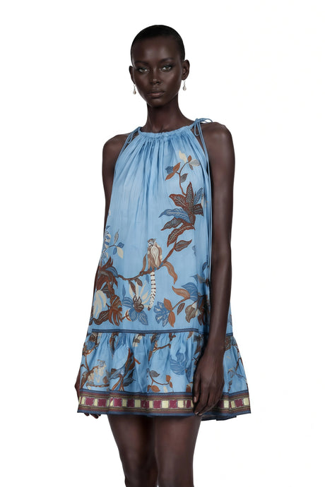 Ester Mini Dress Blue Tropical Bird Printed Ruched