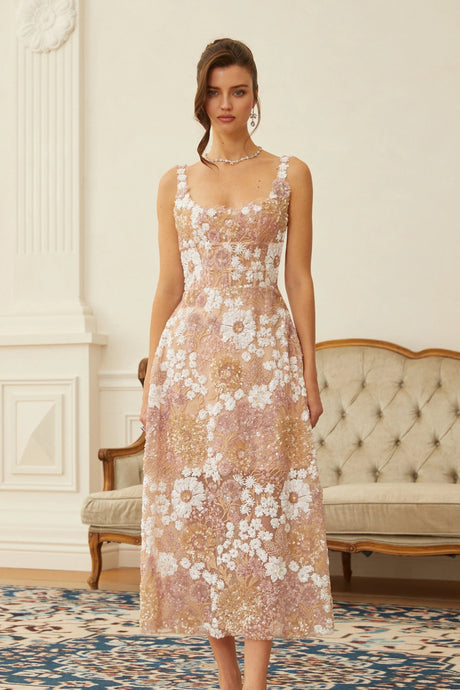 Michelina Midi Dress Neutral Sequined Floral Tulle