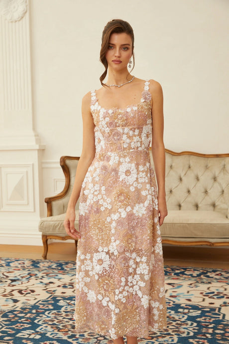 Michelina Midi Dress Neutral Sequined Floral Tulle