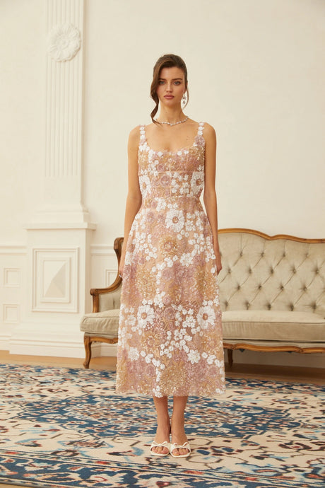 Michelina Midi Dress Neutral Sequined Floral Tulle