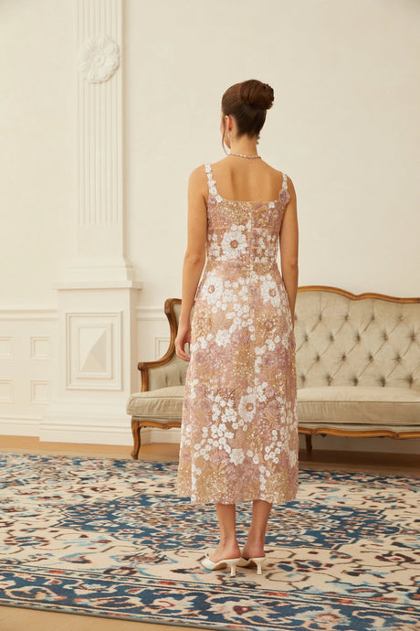 Michelina Midi Dress Neutral Sequined Floral Tulle