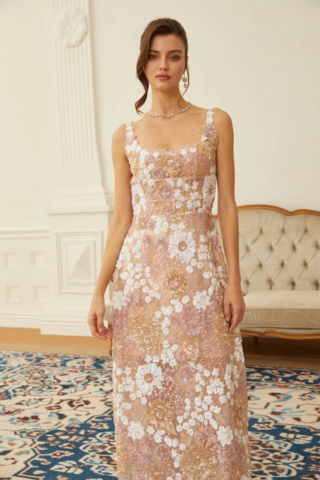 Michelina Midi Dress Neutral Sequined Floral Tulle