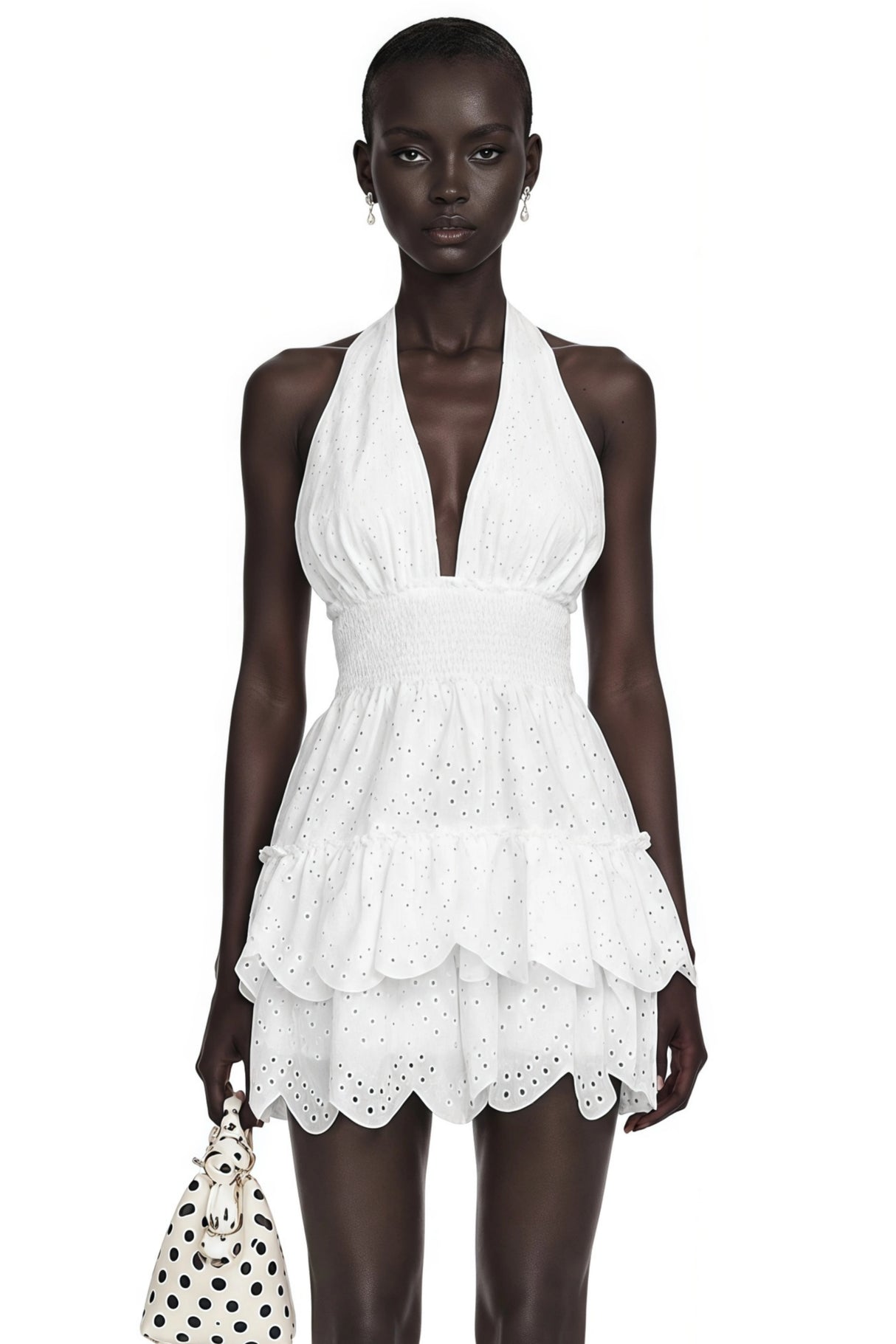 Eirlys White Eyelet Lace Halterneck Mini Dress