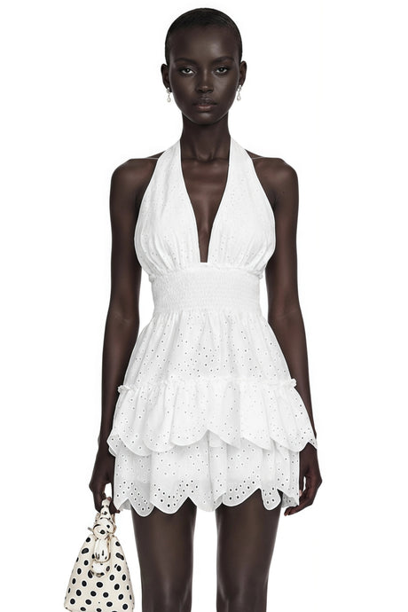 Virginia Mini Dress White Eyelet Lace Halterneck