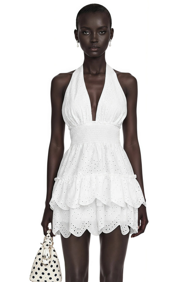 Eirlys White Eyelet Lace Halterneck Mini Dress