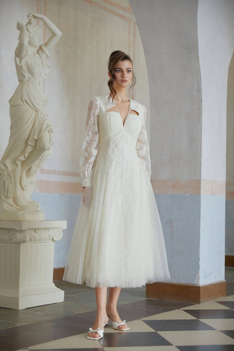 Alfreda Midi Dress White Floral Lace Tulle