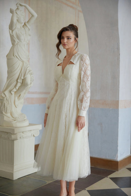 Alfreda Midi Dress White Floral Lace Tulle