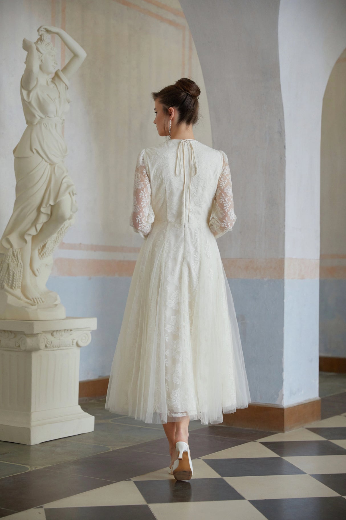 Eirlys White Floral Lace Tulle Midi Dress