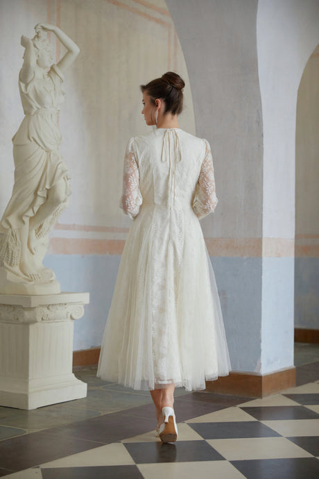 Alfreda Midi Dress White Floral Lace Tulle