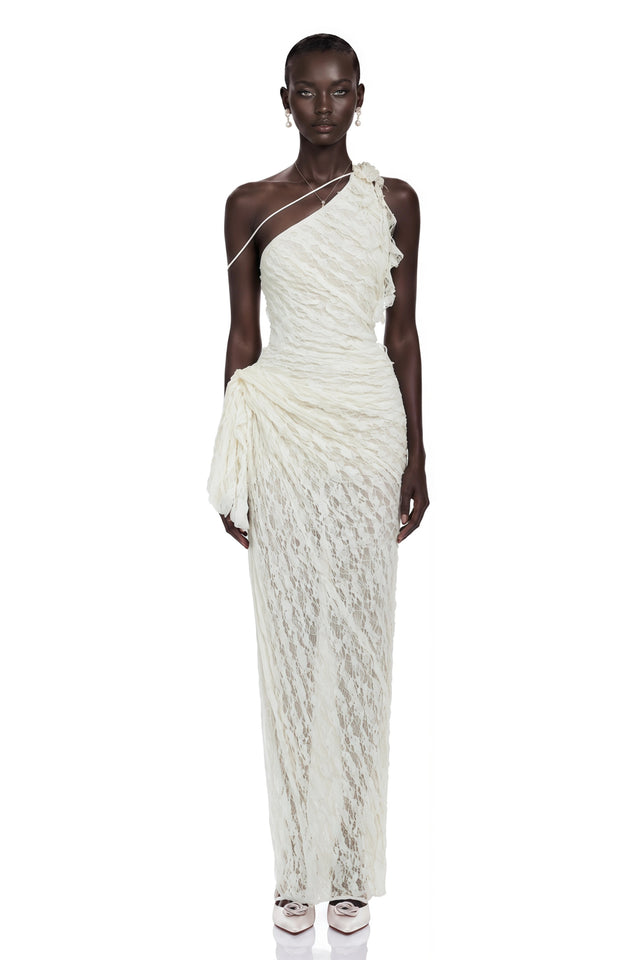 Ekaterina White One Shoulder Floral Lace Maxi Dress