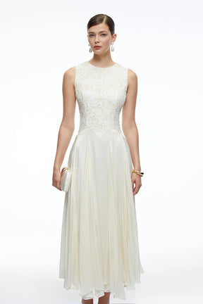 Elara White Sleeveless Round Neck Lace Midi Dress