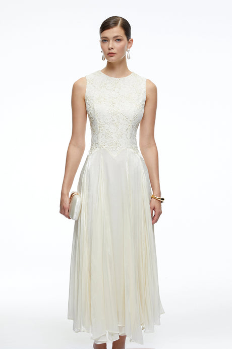 Silvia Midi Dress White Sleeveless Round Neck Lace