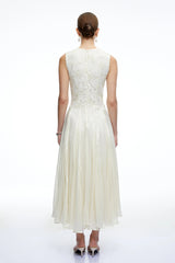 Elara White Sleeveless Round Neck Lace Midi Dress