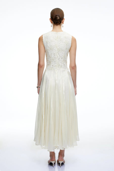 Silvia Midi Dress White Sleeveless Round Neck Lace