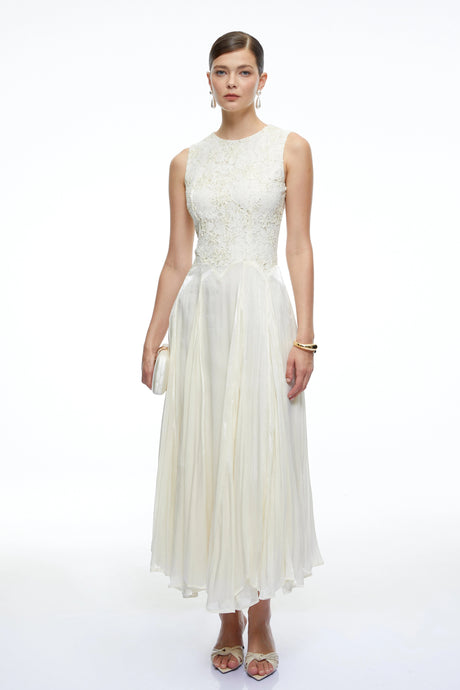 Silvia Midi Dress White Sleeveless Round Neck Lace
