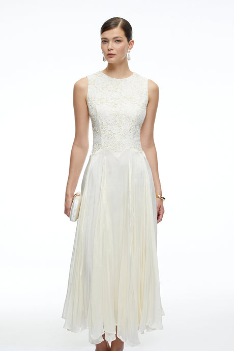 Silvia Midi Dress White Sleeveless Round Neck Lace