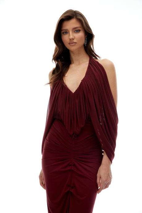 Ida Maxi Dress Red Cold Shoulder Draped