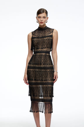 Eleanor Black Crochet High Neck Midi Dress With Fringe