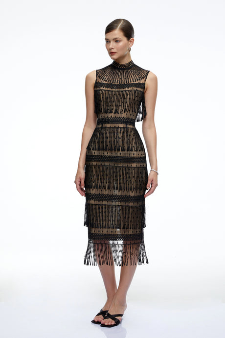 Faith Midi Dress Black Crochet High Neck With Fringe