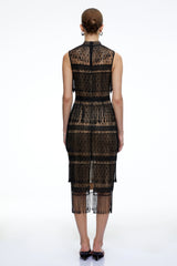 Eleanor Black Crochet High Neck Midi Dress With Fringe