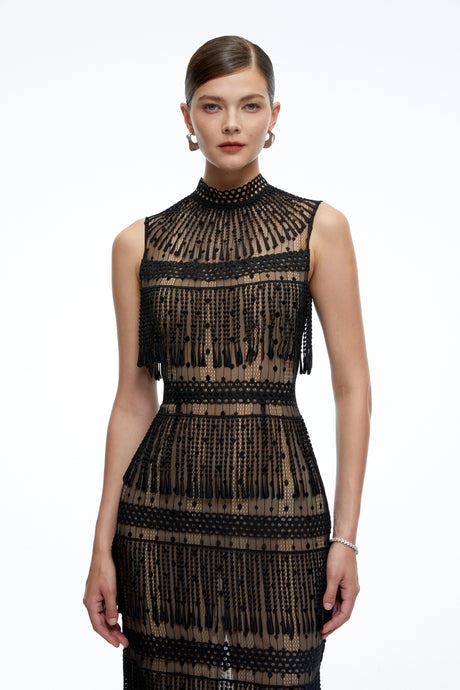 Faith Midi Dress Black Crochet High Neck With Fringe