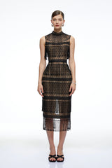 Eleanor Black Crochet High Neck Midi Dress With Fringe