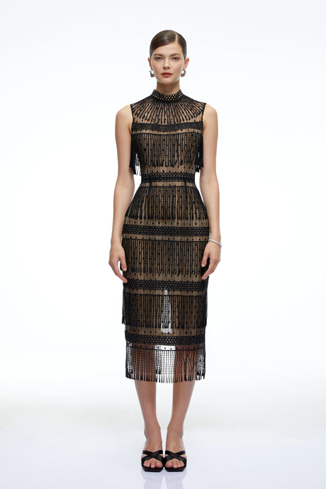 Faith Midi Dress Black Crochet High Neck With Fringe