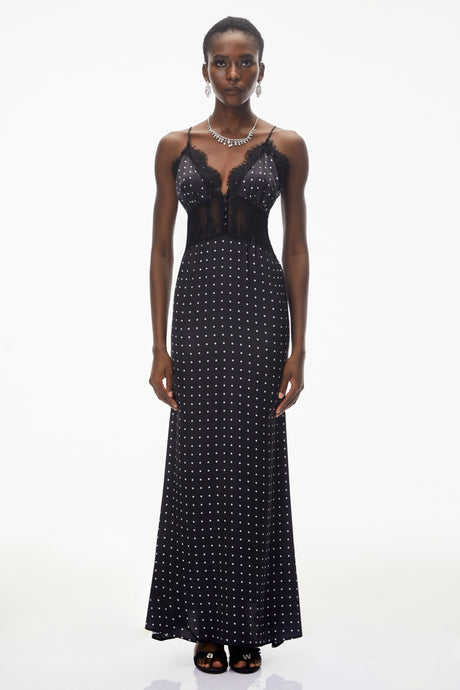 Genesis Maxi Dress Black Polka Dot Lace Trim