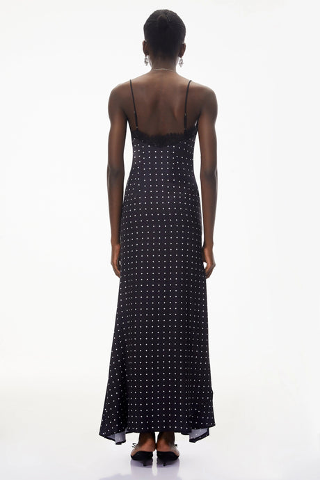 Genesis Maxi Dress Black Polka Dot Lace Trim