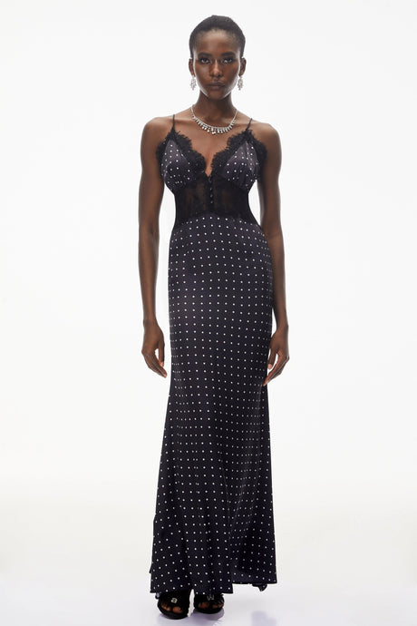 Genesis Maxi Dress Black Polka Dot Lace Trim