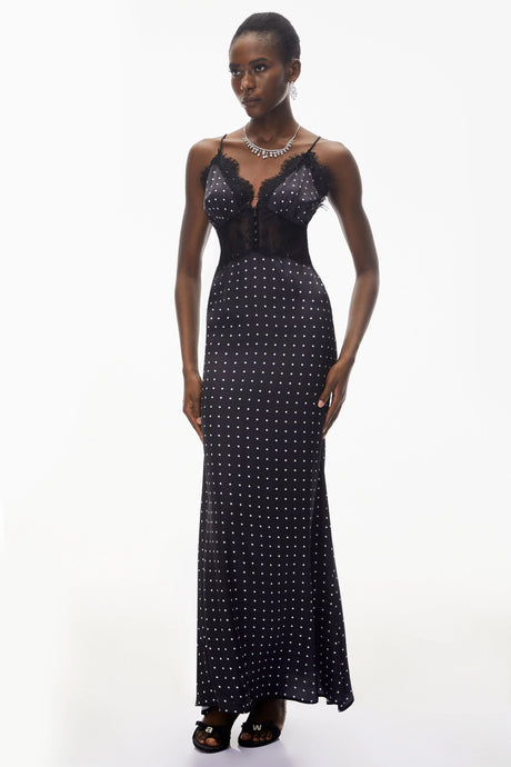 Genesis Maxi Dress Black Polka Dot Lace Trim