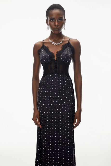 Genesis Maxi Dress Black Polka Dot Lace Trim