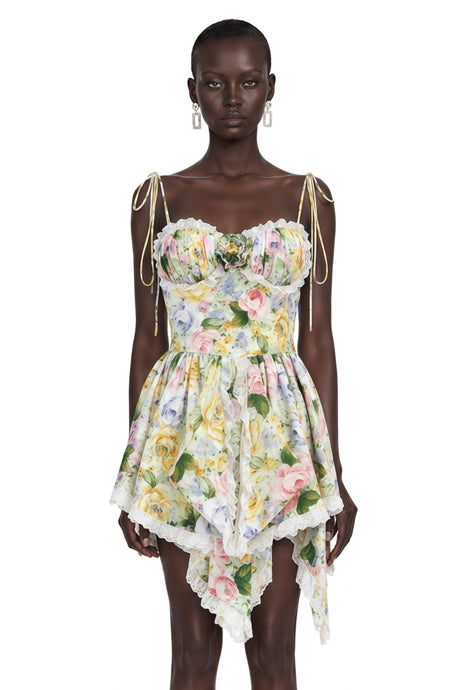 Emanuela Mini Dress Green Floral Print with Spaghetti Straps
