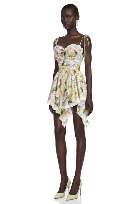 Emanuela Mini Dress Green Floral Print with Spaghetti Straps