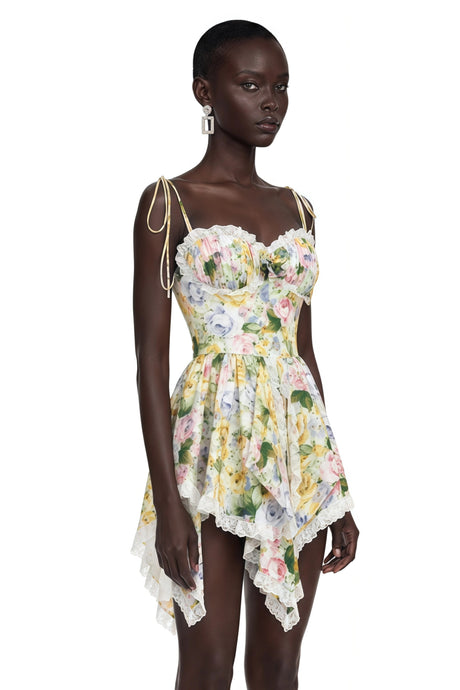Emanuela Mini Dress Green Floral Print with Spaghetti Straps