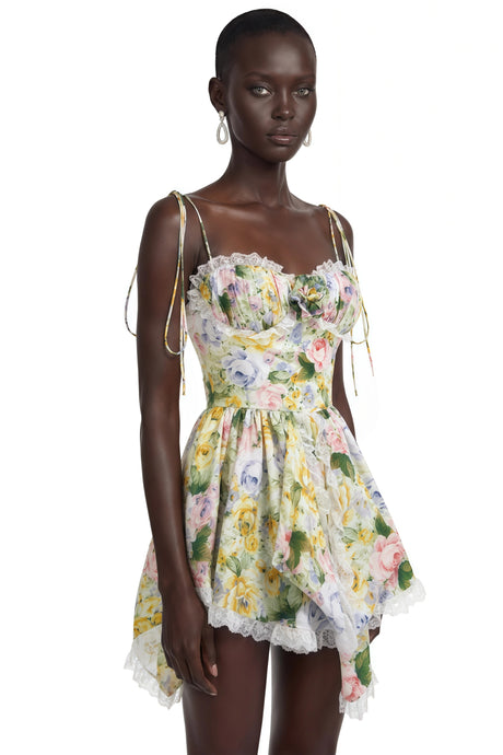 Emanuela Mini Dress Green Floral Print with Spaghetti Straps