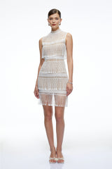 Eleanor White Crochet High Neck Mini Dress With Fringe