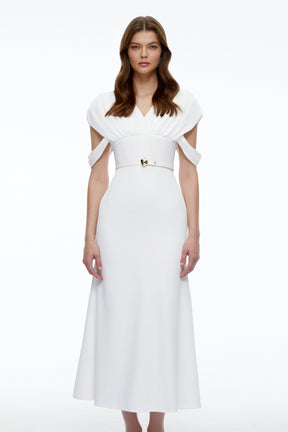 Eleanor White VNeck Midi Dress with Cape Sleeves
