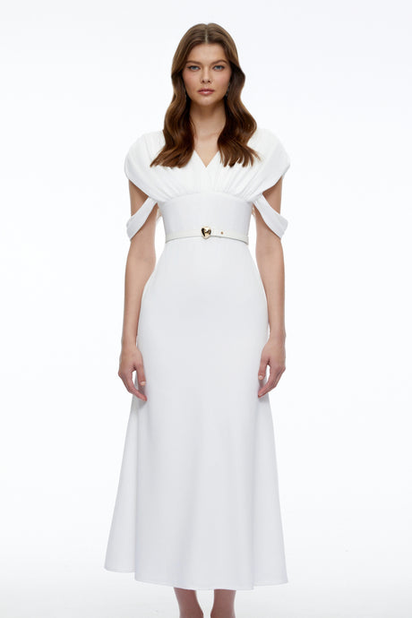 Isabella Midi Dress White V-Neck with Cape Sleeves