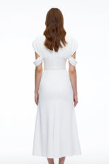 Eleanor White VNeck Midi Dress with Cape Sleeves