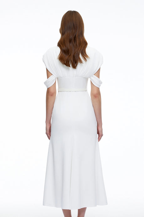 Isabella Midi Dress White V-Neck with Cape Sleeves