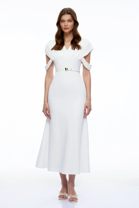 Isabella Midi Dress White V-Neck with Cape Sleeves