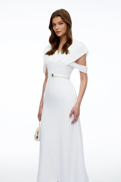 Isabella Midi Dress White V-Neck with Cape Sleeves