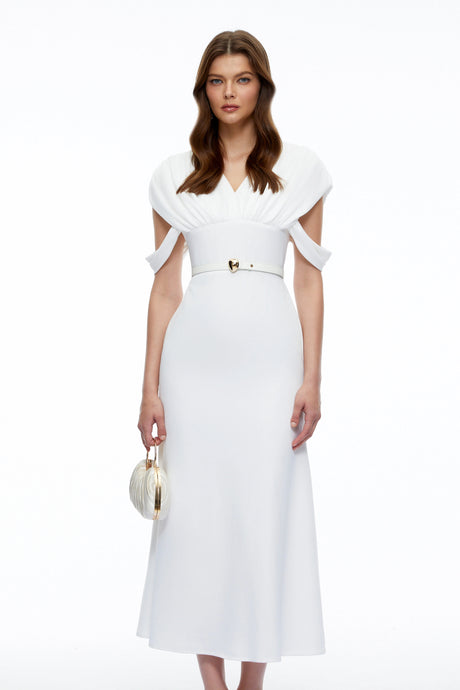 Isabella Midi Dress White V-Neck with Cape Sleeves