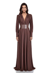 Eleanore Chocolate Brown VNeck Ruched Maxi Dress