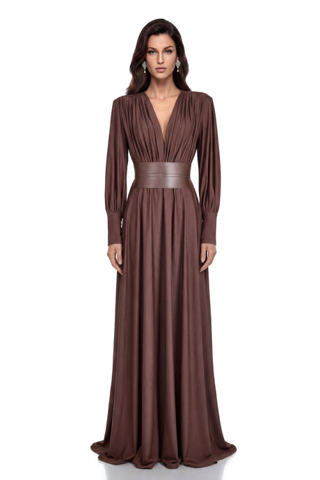 Gloria Maxi Dress Chocolate Brown V-Neck Ruched